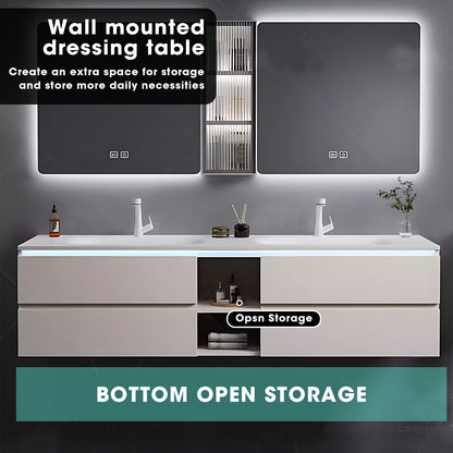 52"- 78" Double Basin White Floating Bathroom Vanity Set with Double Backlit Mirror