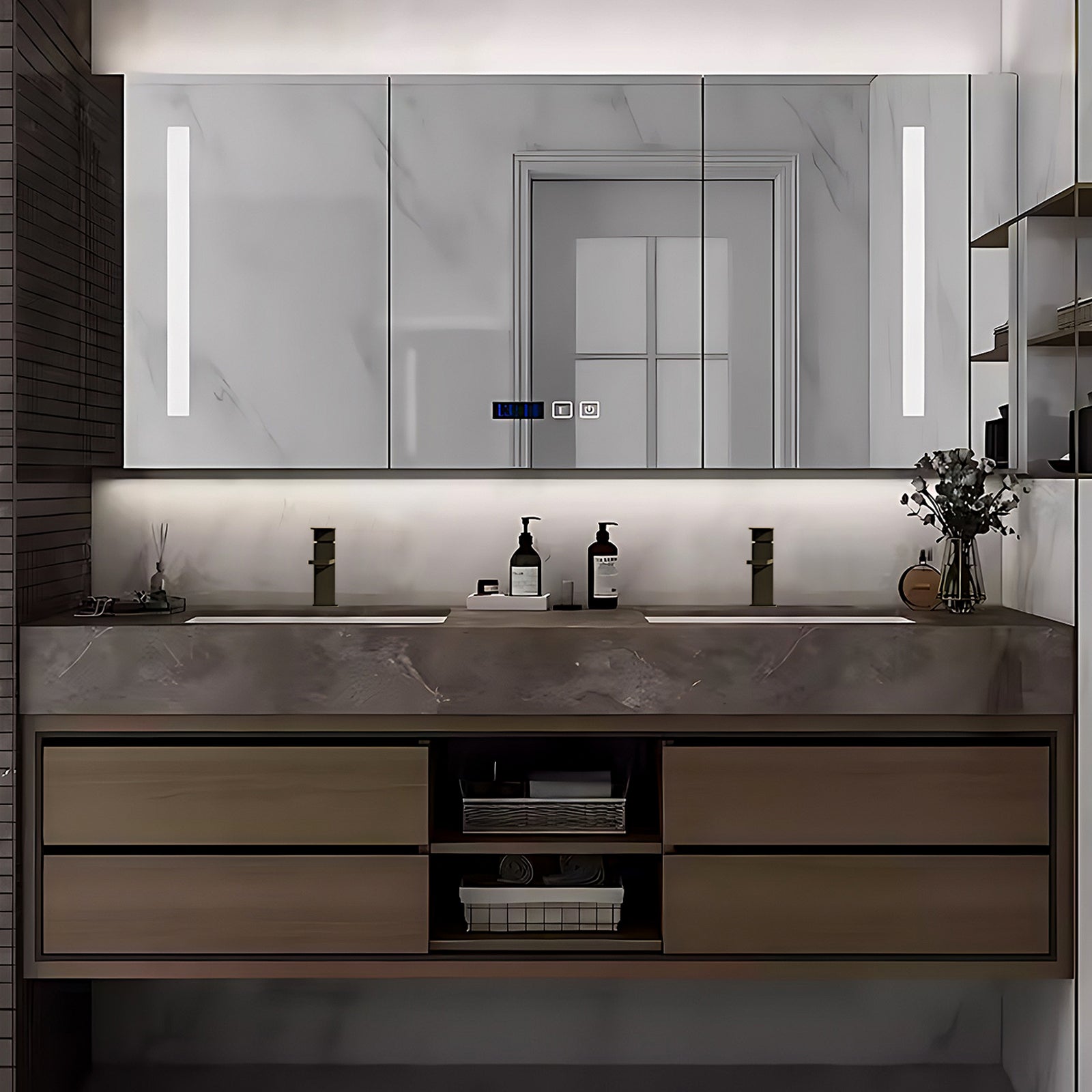 52"- 78" Double Ceramic Basin Bath Vanity Set with Mirror Cabinet and Open Storage