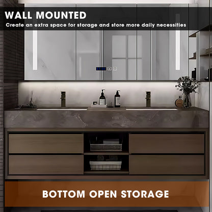 52"- 78" Double Ceramic Basin Bath Vanity Set with Mirror Cabinet and Open Storage