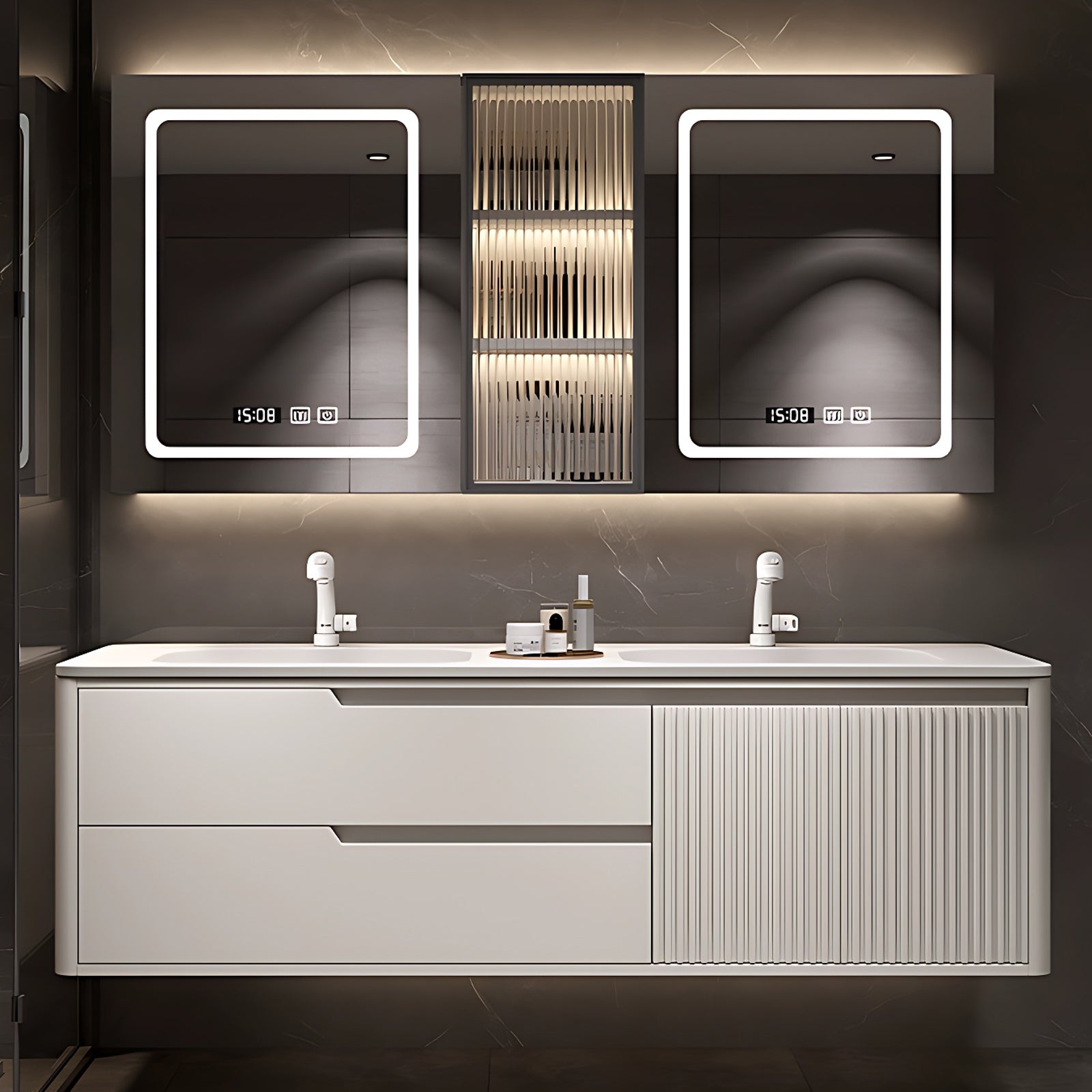 52"- 78" Double Sink Bathroom Cabinets Set with LED Defogging Mirror