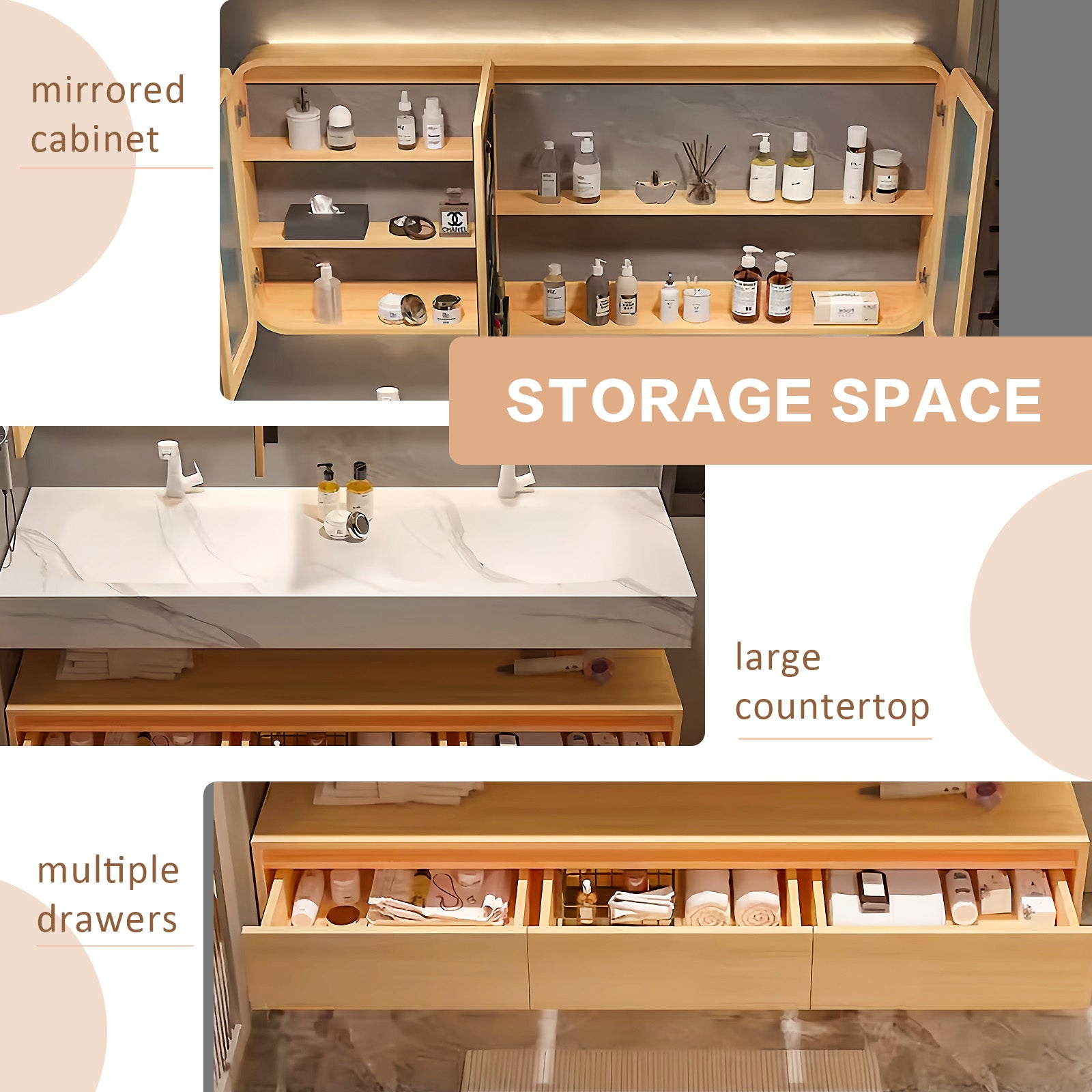 52"- 78" Double Sink Bathroom Vanity Set with Mirror Cabinet and Three Drawers