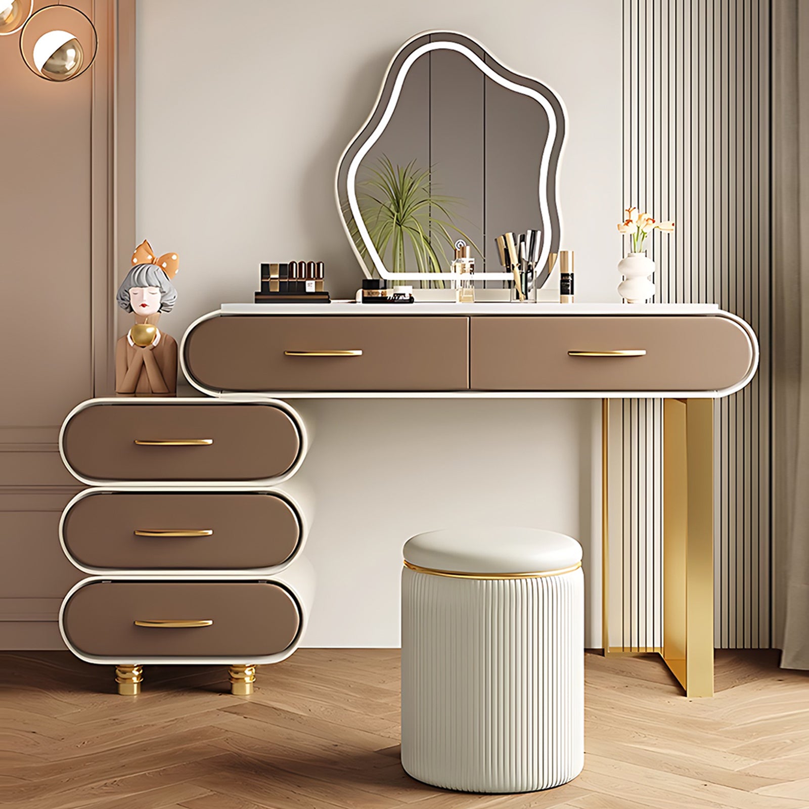 Dressing Table Set with Irregular Led Mirror, 5 Drawers and Stool