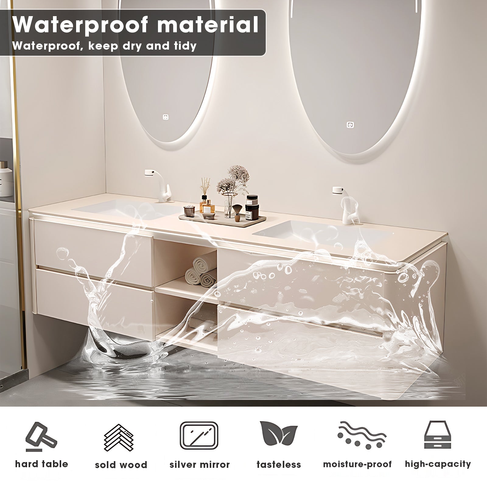 36"- 72" Floating Bath Vanity Set with Oval Smart Defogging Mirror and Sink