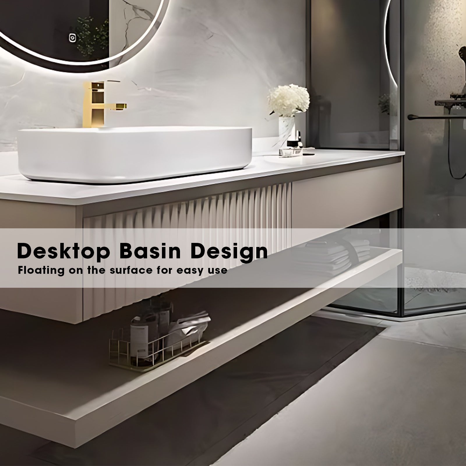 48"- 72" Floating Bath Vanity Set with Single Ceramic Basin & Circle Illuminated Mirror