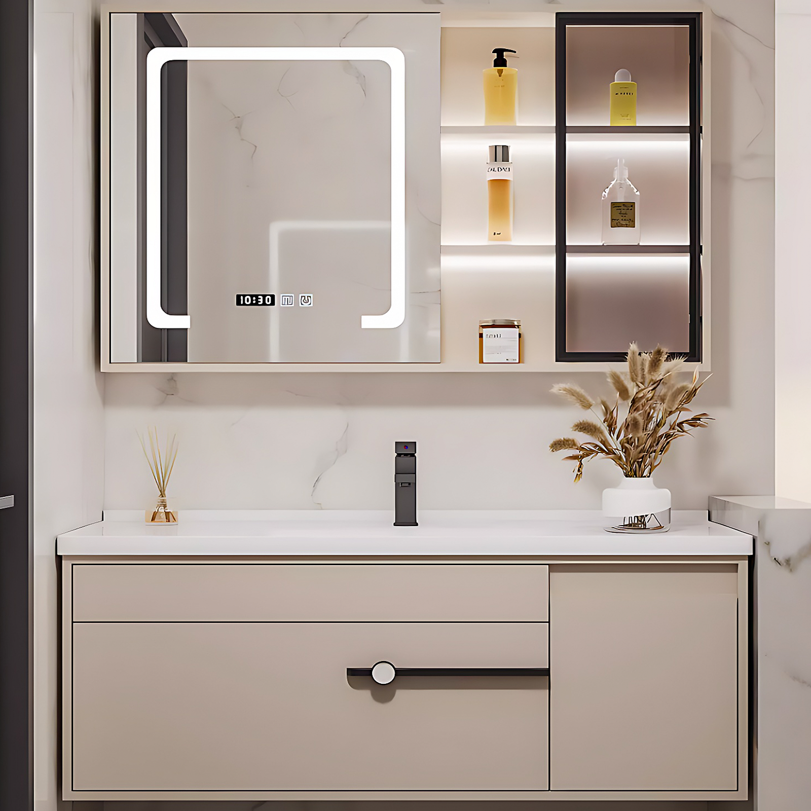 36"- 64" Floating Bathroom Simple White Vanity With Single Sink And Smart Mirror Cabinet