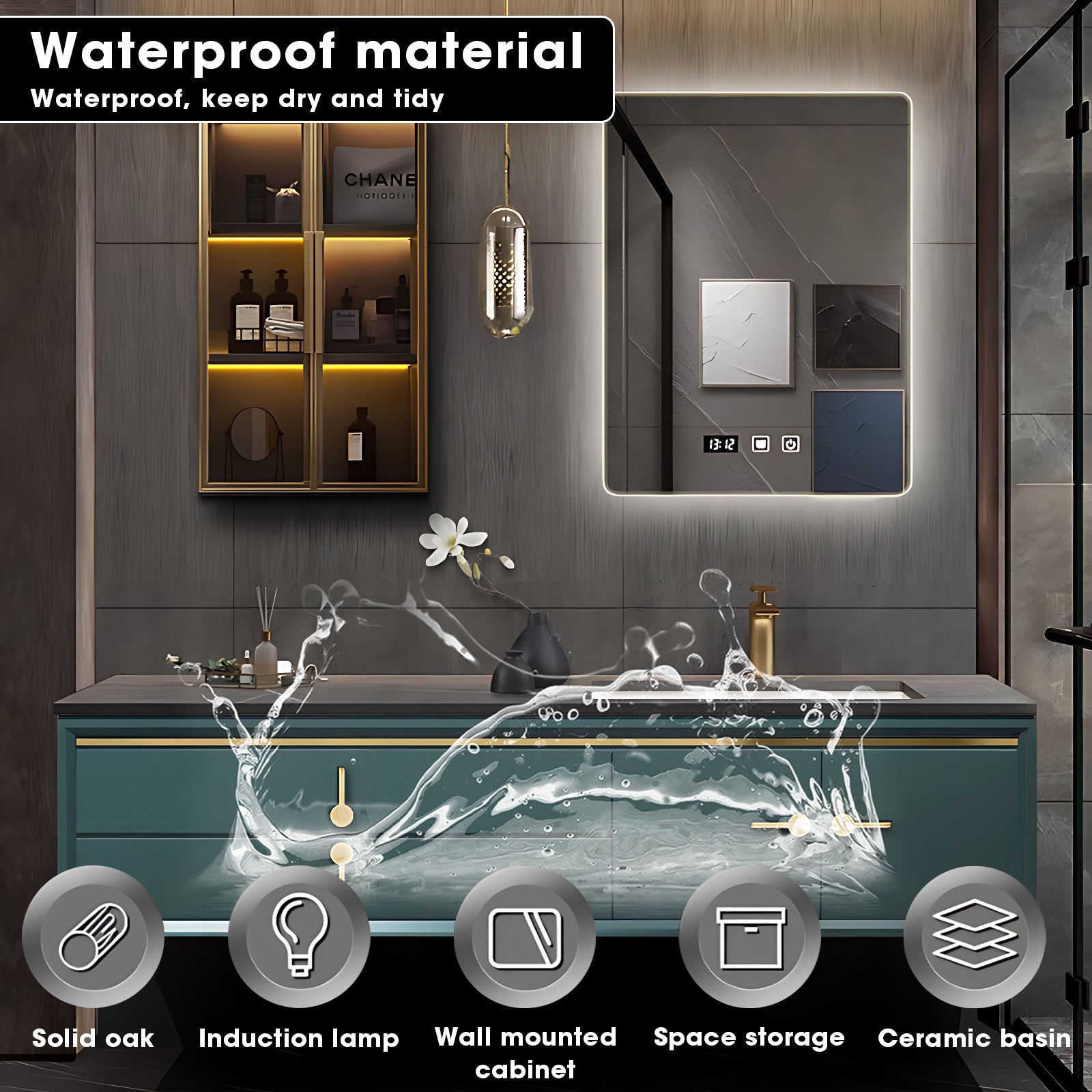 44"- 68" Floating Bathroom Vanity Set with Backlit Mirror & Lighted Cabinet & Basin