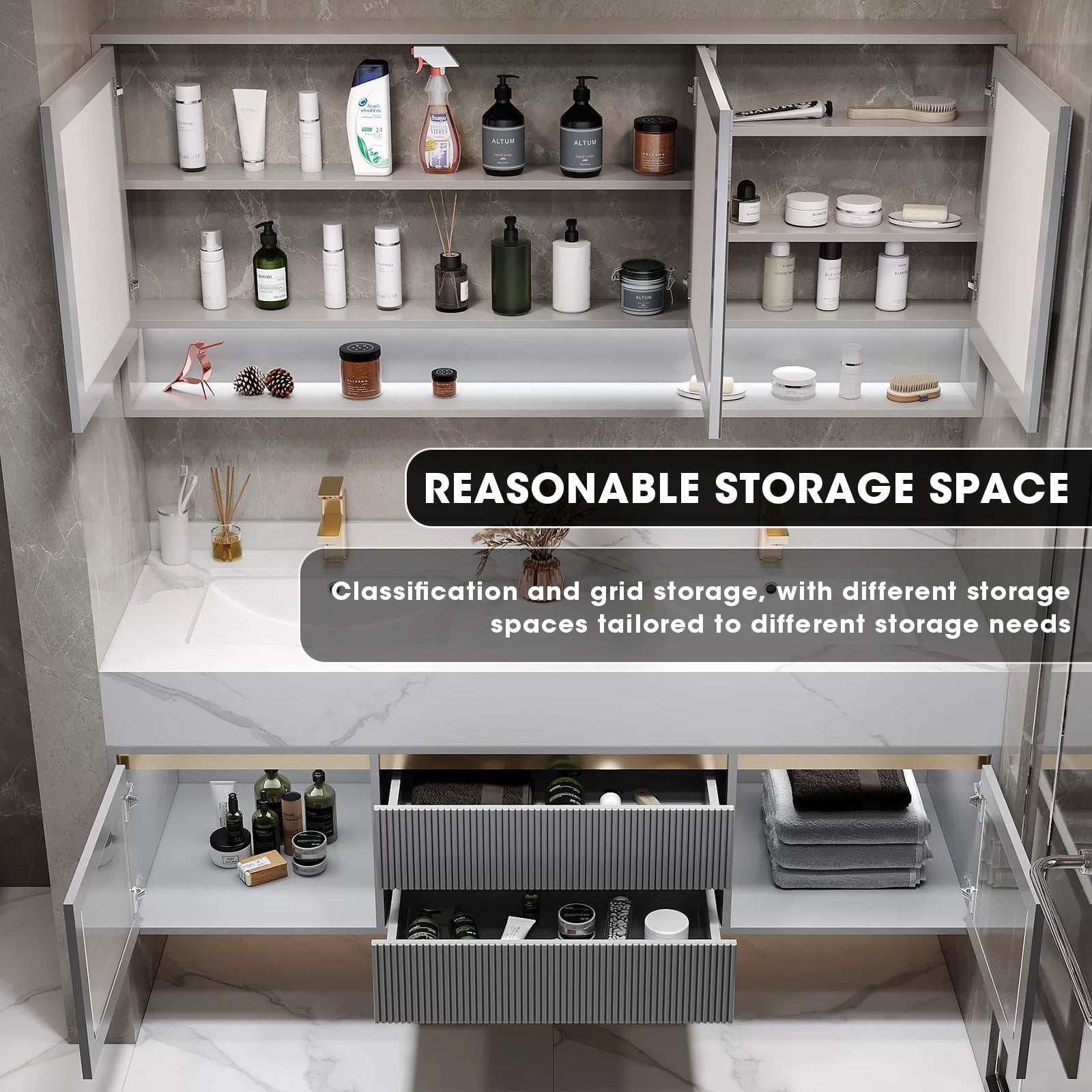 36"- 78" Floating Grey Bathroom Vanity Set with Ceramic Basin and Smart Mirror Cabinet