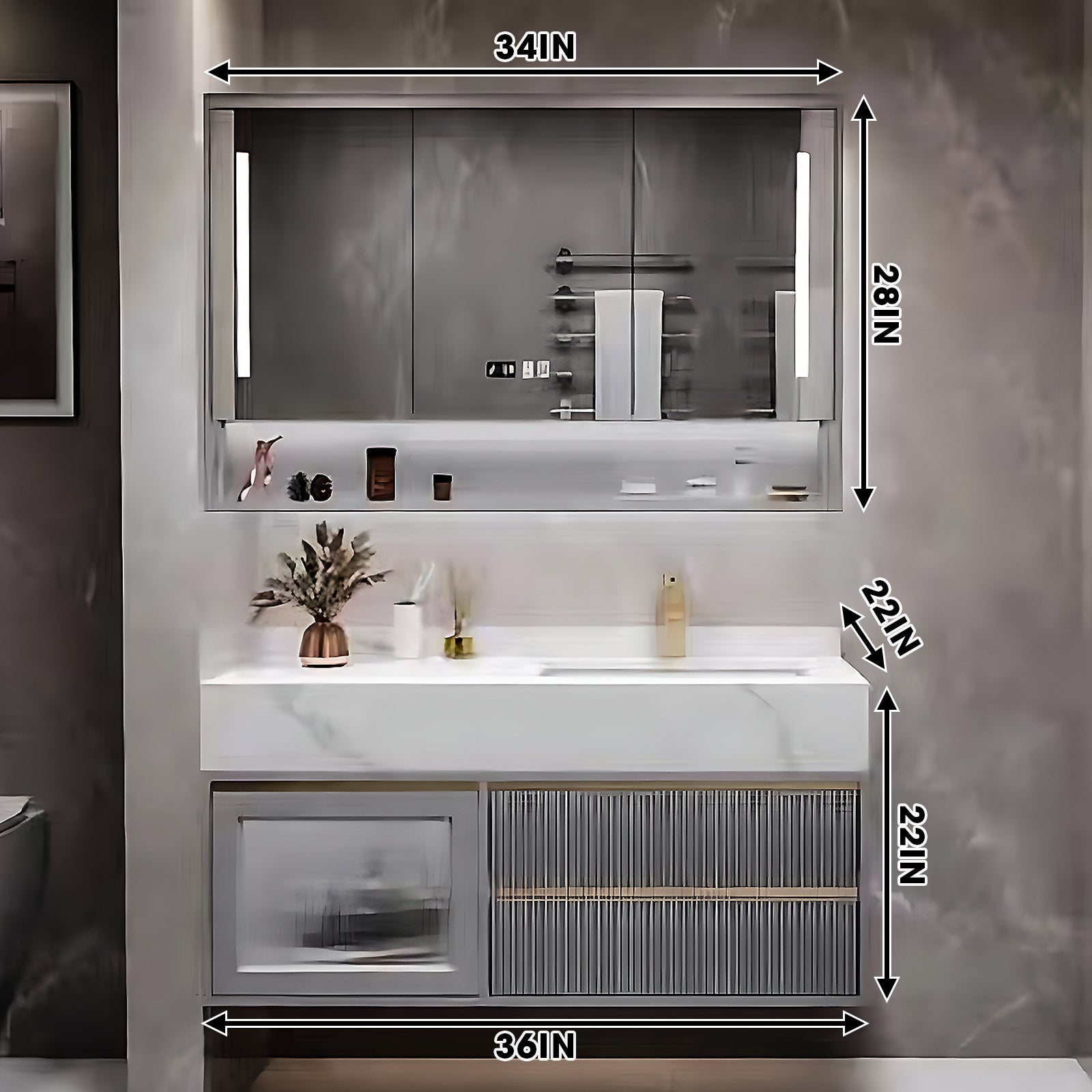 SALE 36" Floating Grey Bathroom Vanity Set with Ceramic Basin and Smart Mirror Cabinet