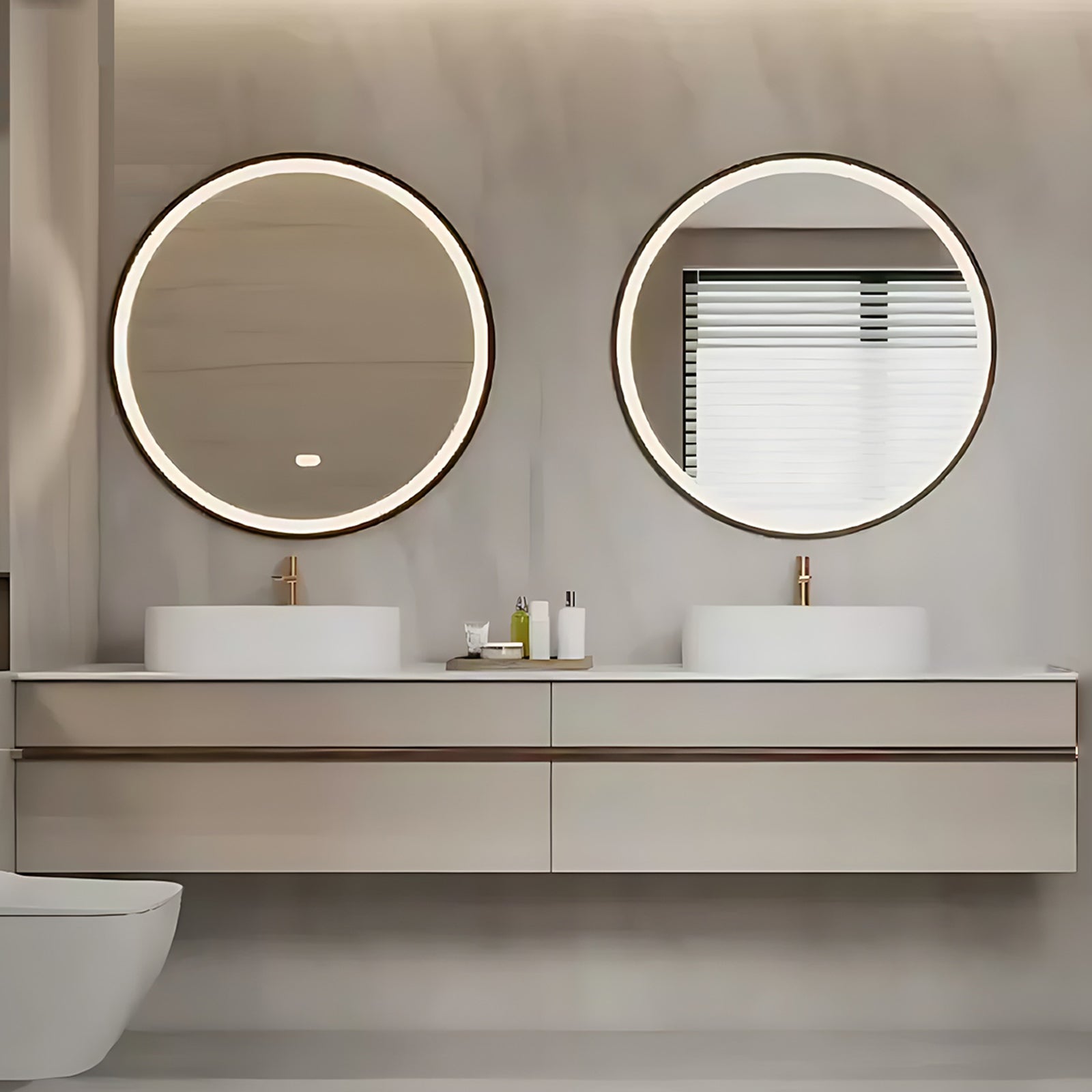 52"- 78" Floating Bathroom Vanity Set with Double Round LED Mirror and Double Sink