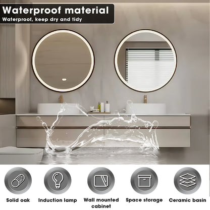 52"- 78" Floating Bathroom Vanity Set with Double Round LED Mirror and Double Sink