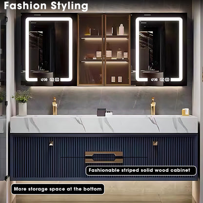 52"- 78" Floating Bathroom Vanity Set with Glass Door Cabinet & 2 Illuminated Mirror & 2 Basin