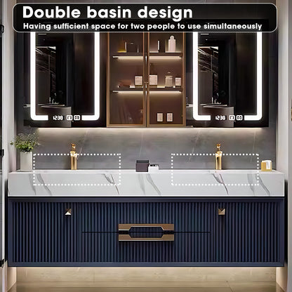 52"- 78" Floating Bathroom Vanity Set with Glass Door Cabinet & 2 Illuminated Mirror & 2 Basin