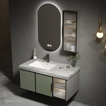 36"- 78" Floating Bathroom Vanity Set with Mirror, Sink and Striped Glass Doors Cabinet