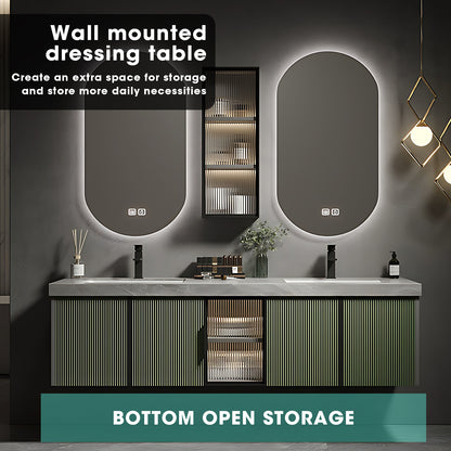 36"- 78" Floating Bathroom Vanity Set with Mirror, Sink and Striped Glass Doors Cabinet