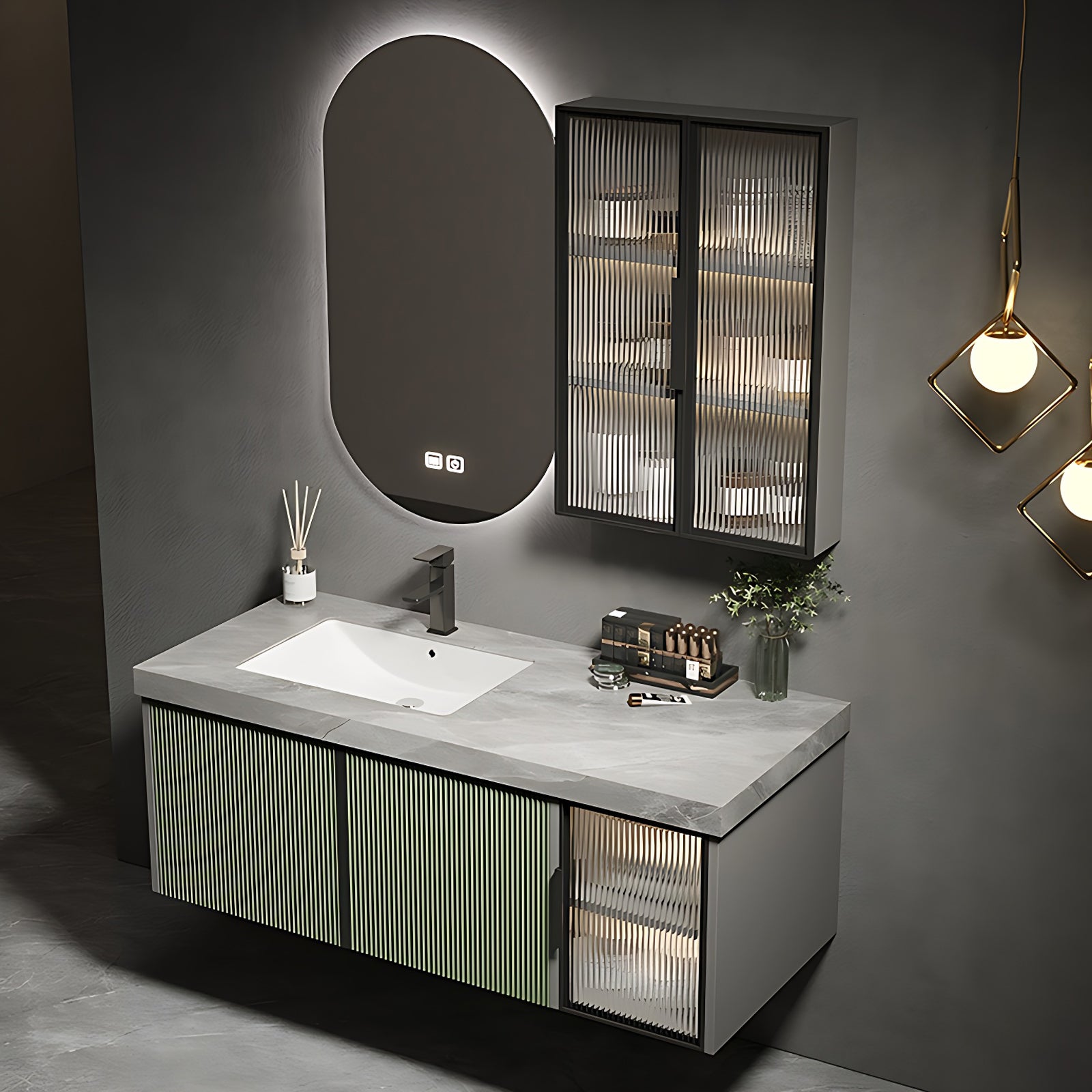 36"- 78" Floating Bathroom Vanity Set with Mirror, Sink and Striped Glass Doors Cabinet