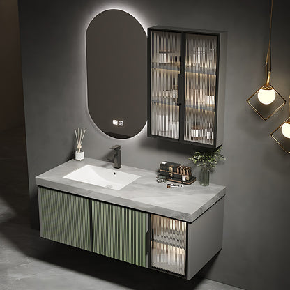 36"- 78" Floating Bathroom Vanity Set with Mirror, Sink and Striped Glass Doors Cabinet
