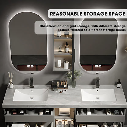 36"- 78" Floating Bathroom Vanity Set with Mirror, Sink and Striped Glass Doors Cabinet