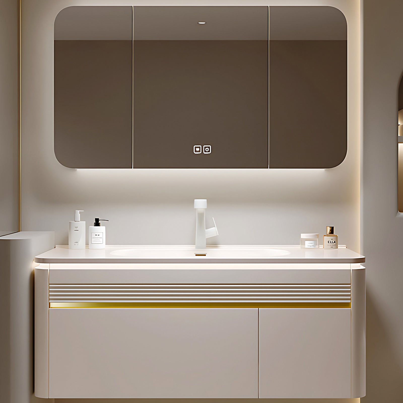 40"- 60" Floating Bathroom Vanity Set with Sensor Light, Defogging Mirror Cabinet, Integrated Sink