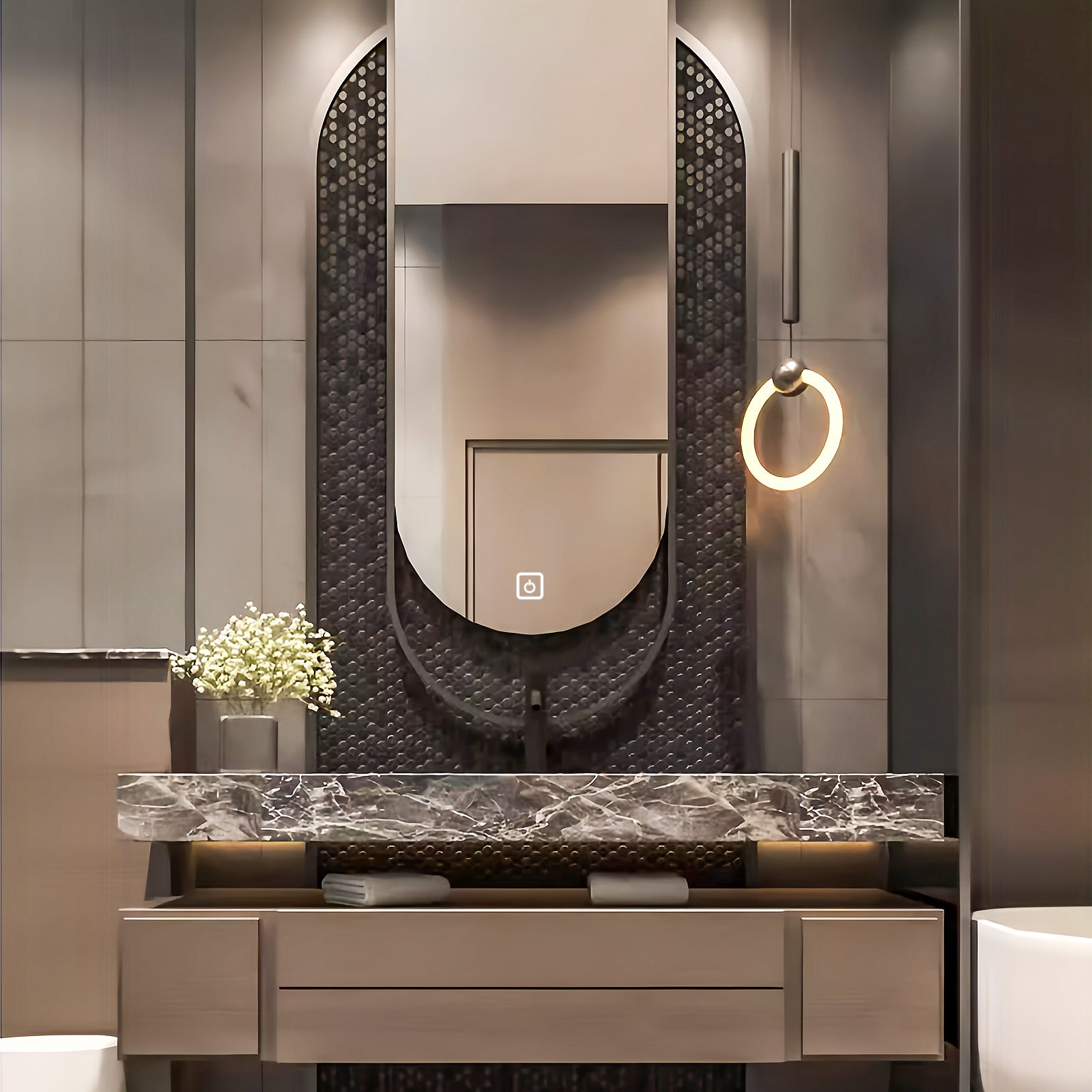 52"- 68" Floating Bathroom Vanity Set with Slate Countertop and Irregular Smart Mirror