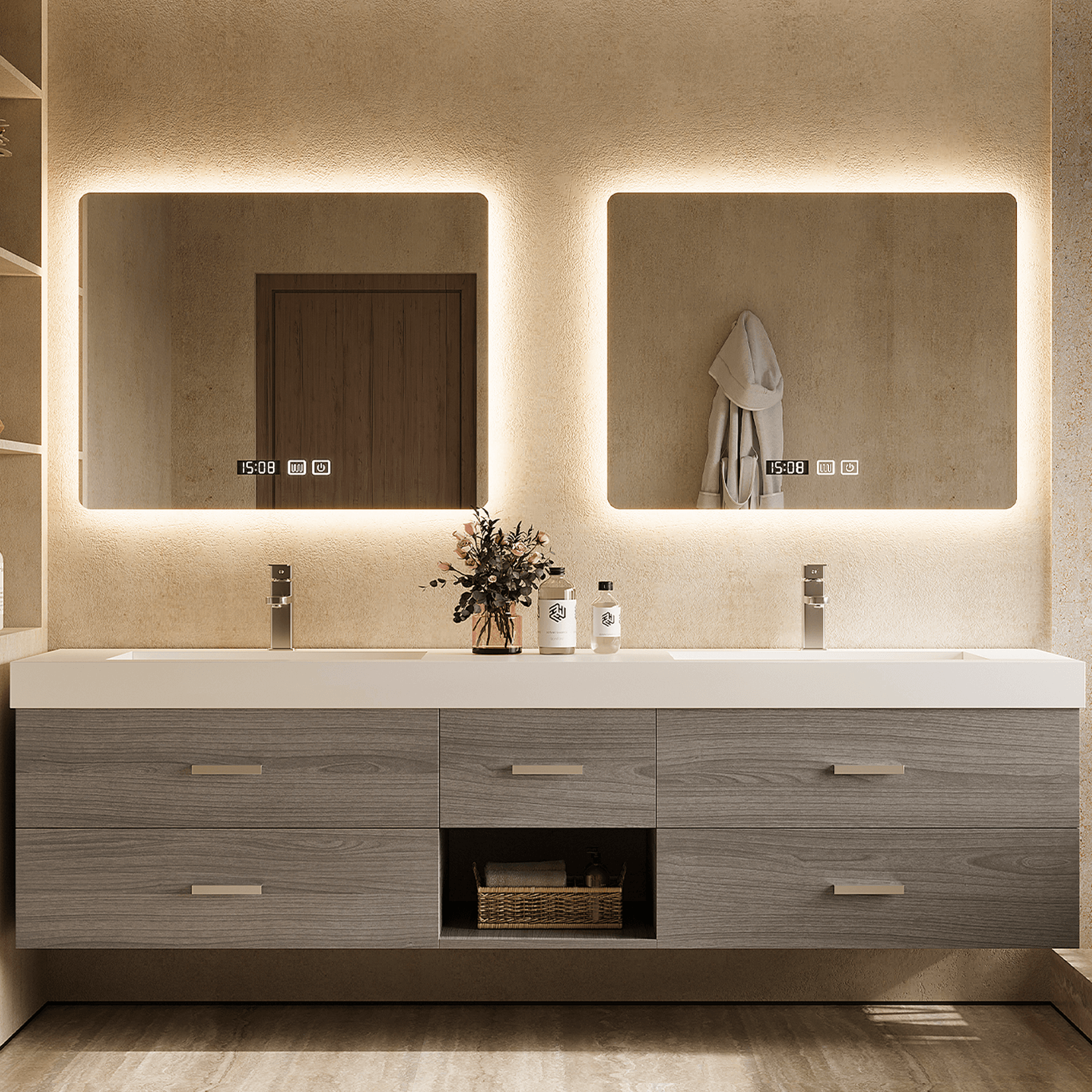 56"- 78" Floating Modern Bathroom Vanity with Double Sinks and LED Smart Defog Mirror