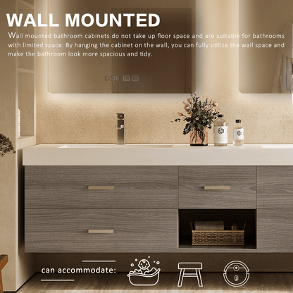 56"- 78" Floating Modern Bathroom Vanity with Double Sinks and LED Smart Defog Mirror