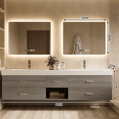 56"- 78" Floating Modern Bathroom Vanity with Double Sinks and LED Smart Defog Mirror