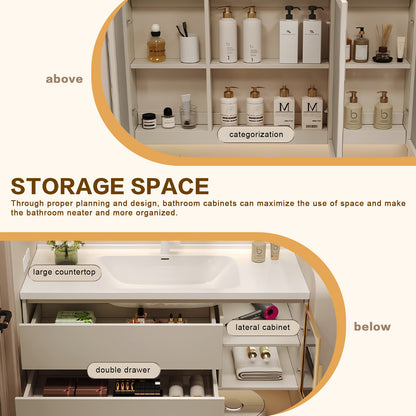 36"- 64" Floating Solid Wood Bathroom Vanity Set with Integrated Sink and Smart Mirror