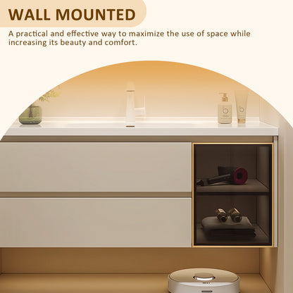 36"- 64" Floating Solid Wood Bathroom Vanity Set with Integrated Sink and Smart Mirror
