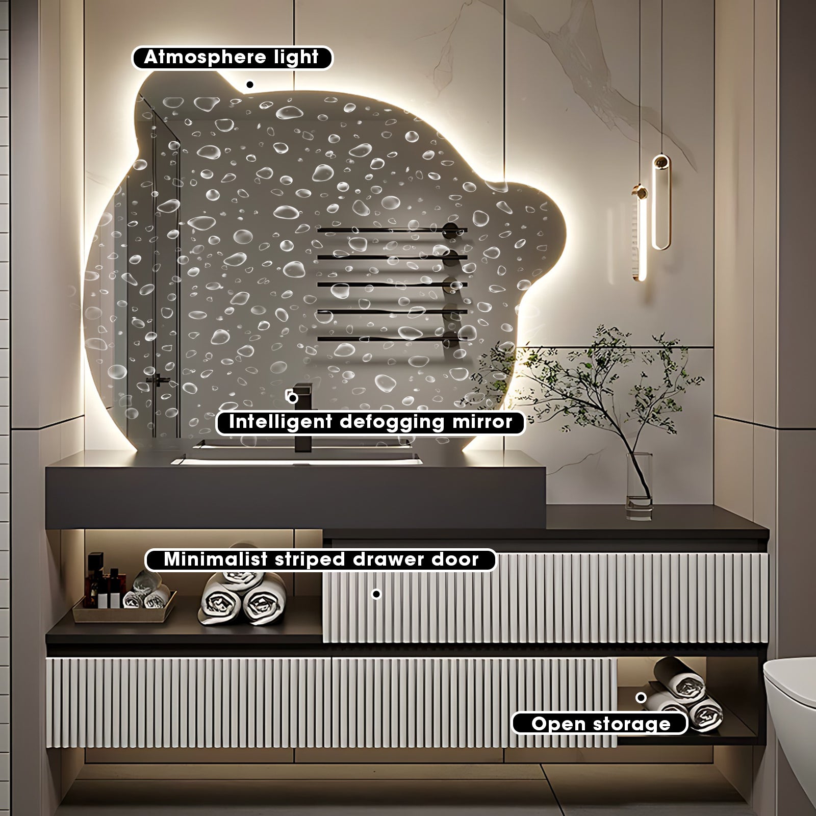 44"- 78" Floating Vanity Set with Lighted Irregular Mirror and Sink for Bathroom