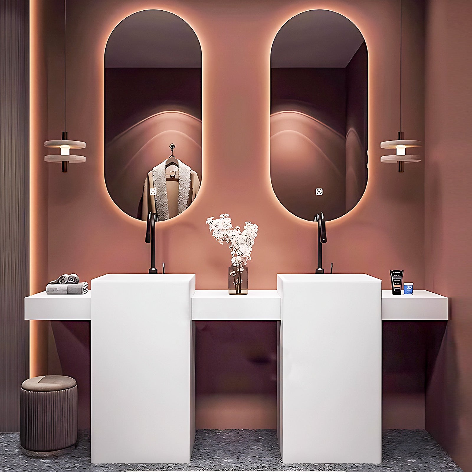 60"- 78" Freestanding Double Sink Bathroom Vanity Set with Oval Backlit Mirrors