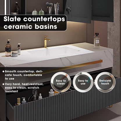 36"- 60" Freestanding Single Ceramic Basin Bath Vanity Set with Defogging Mirror Cabinet