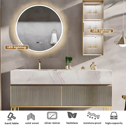 32"- 78" Gold Freestanding Bathroom Vanity Set with Circle Illuminated Mirror & Lighting Glass Cabinet & Sink