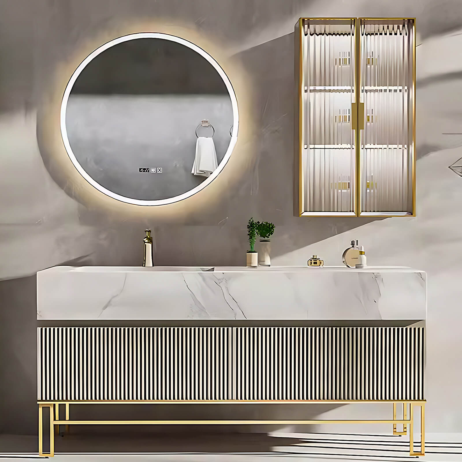 32"- 78" Gold Freestanding Bathroom Vanity Set with Circle Illuminated Mirror & Lighting Glass Cabinet & Sink
