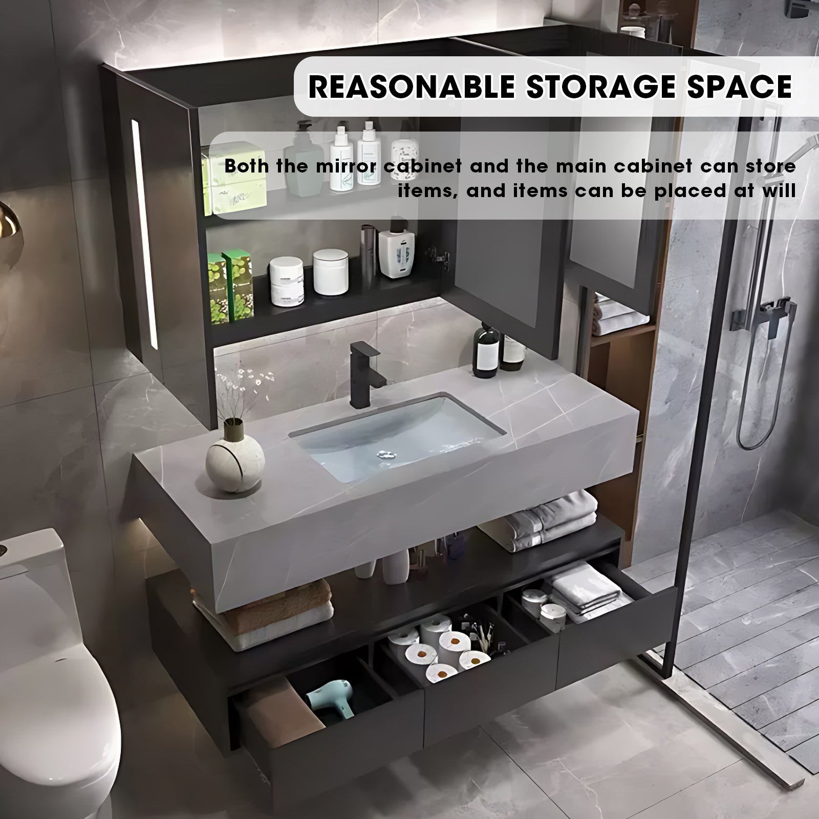 36"- 48" Gray Single Basin Bathroom Vanity Set with Large Storage and Smart Mirror