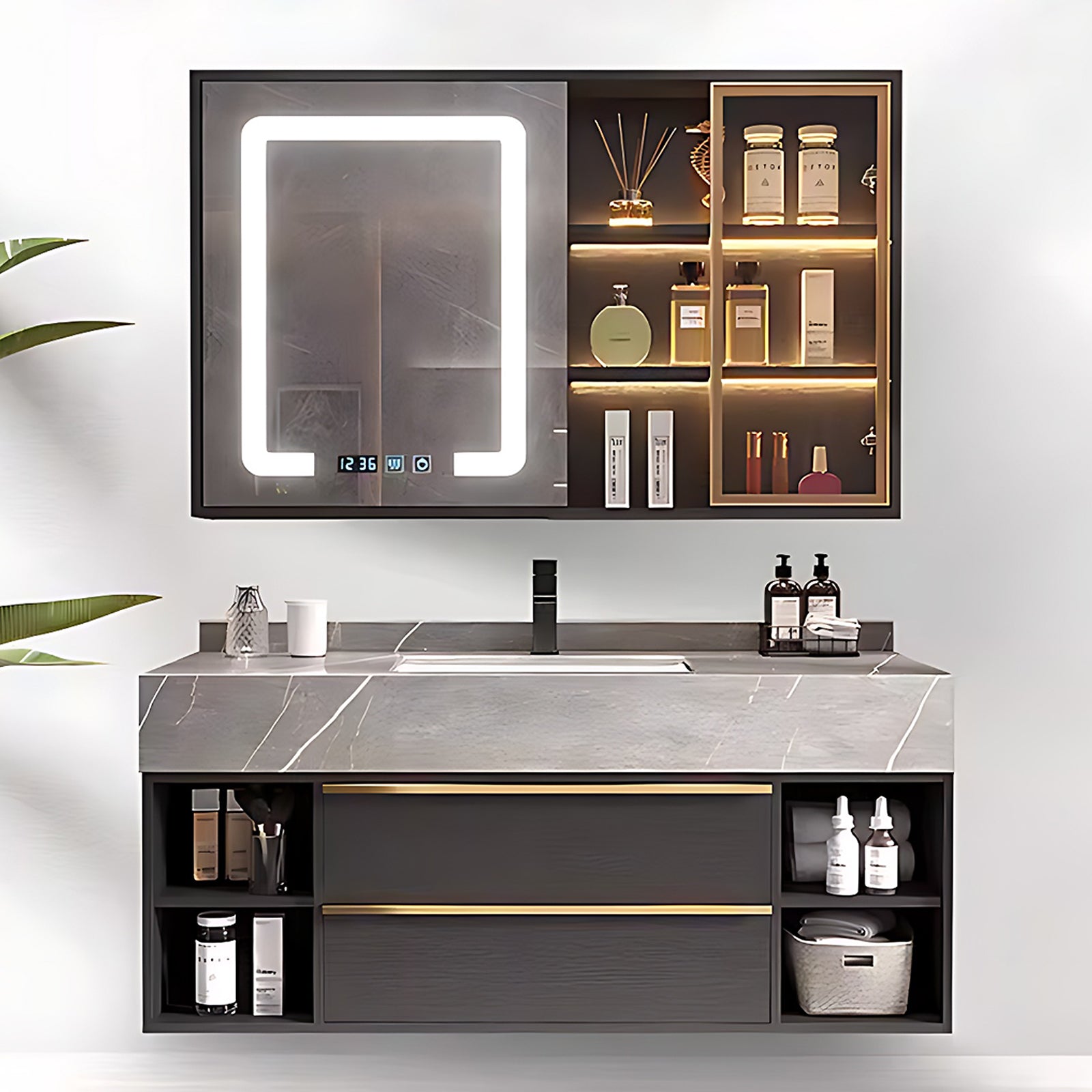 44"- 72" Gray Wall-mounted Bathroom Vanity with LED Cabinet and Single Sink