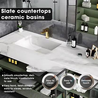 36"- 78" Green Bath Vanity Set with Defogging Mirror & Single Sink & Glass Door Cabinet