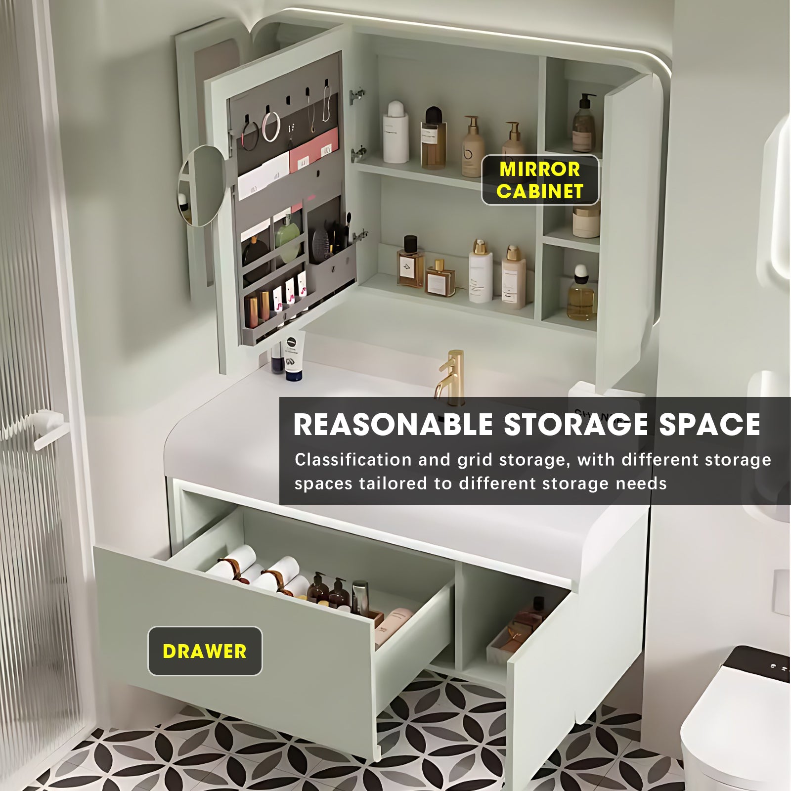 40"- 72" Green Bathroom Vanity Set with Illuminated Medicine Cabinet and Single Sink