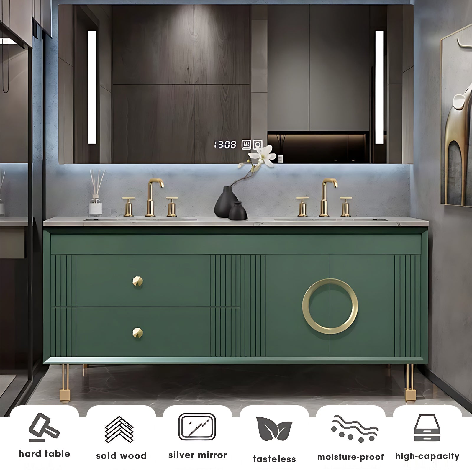 56"- 72" Green Freestanding Bathroom Vanity Set with Intelligent Mirro ...