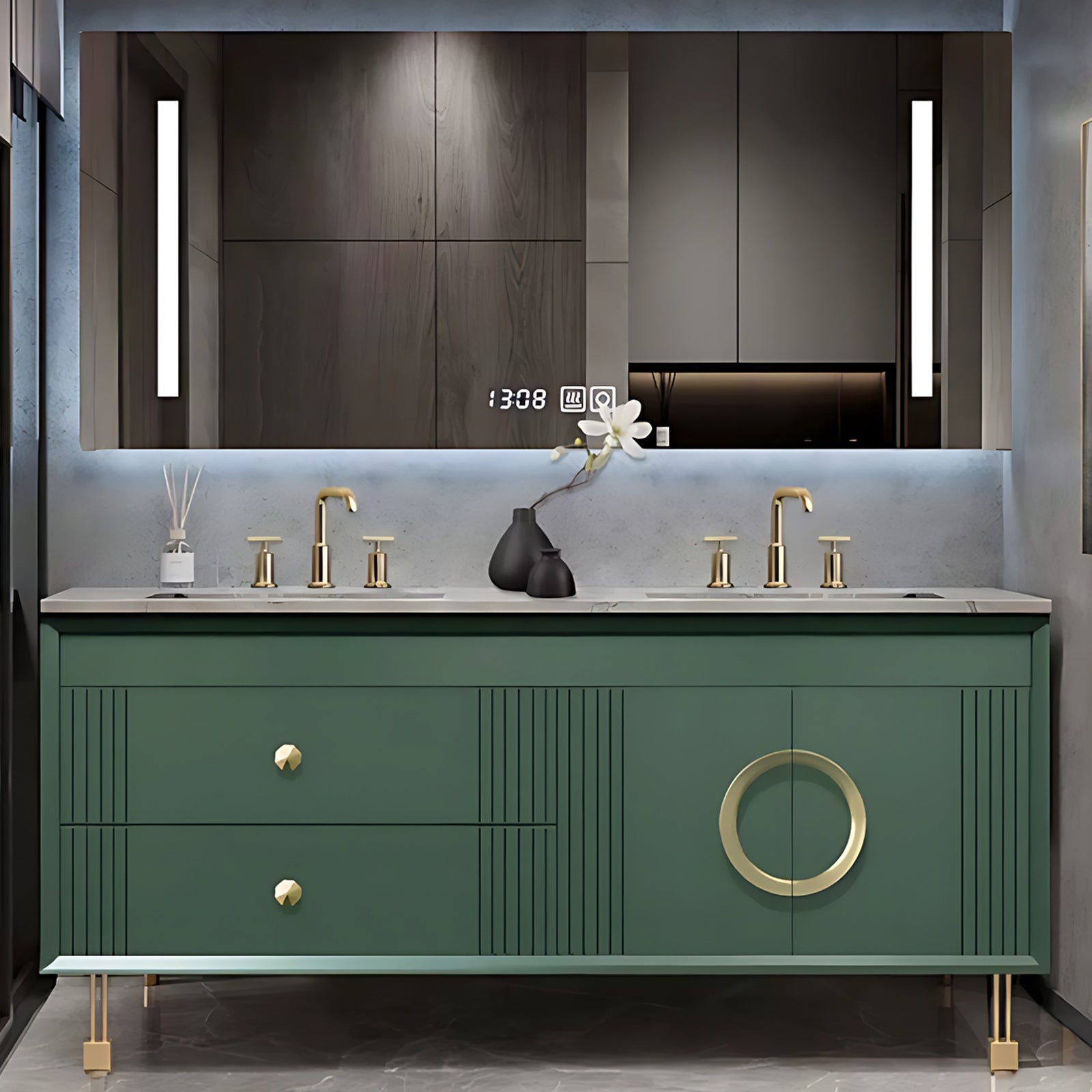 56"- 72" Green Freestanding Bathroom Vanity Set with Intelligent Mirro ...