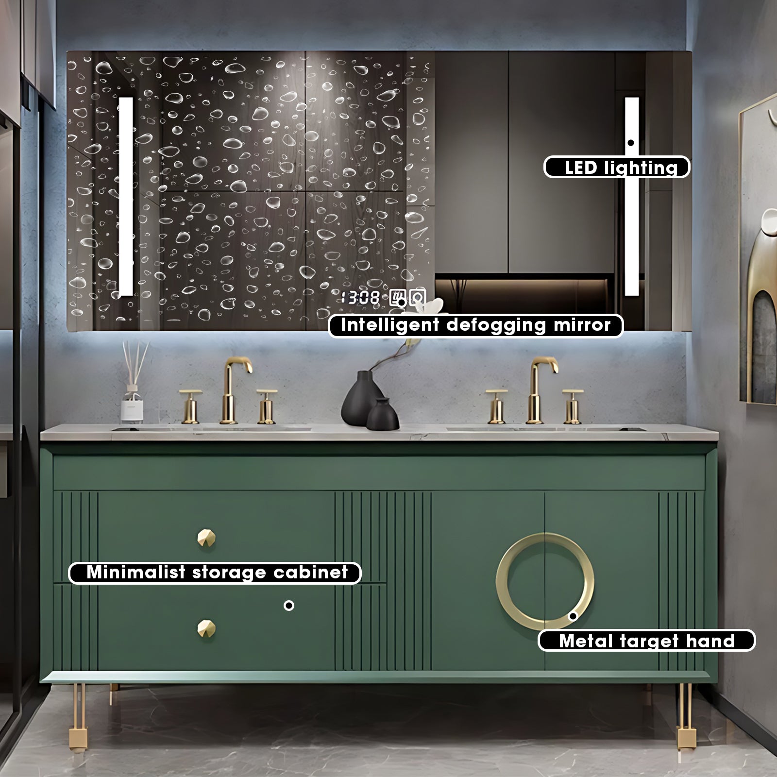 56"- 72" Green Freestanding Bathroom Vanity Set with Intelligent Mirro ...