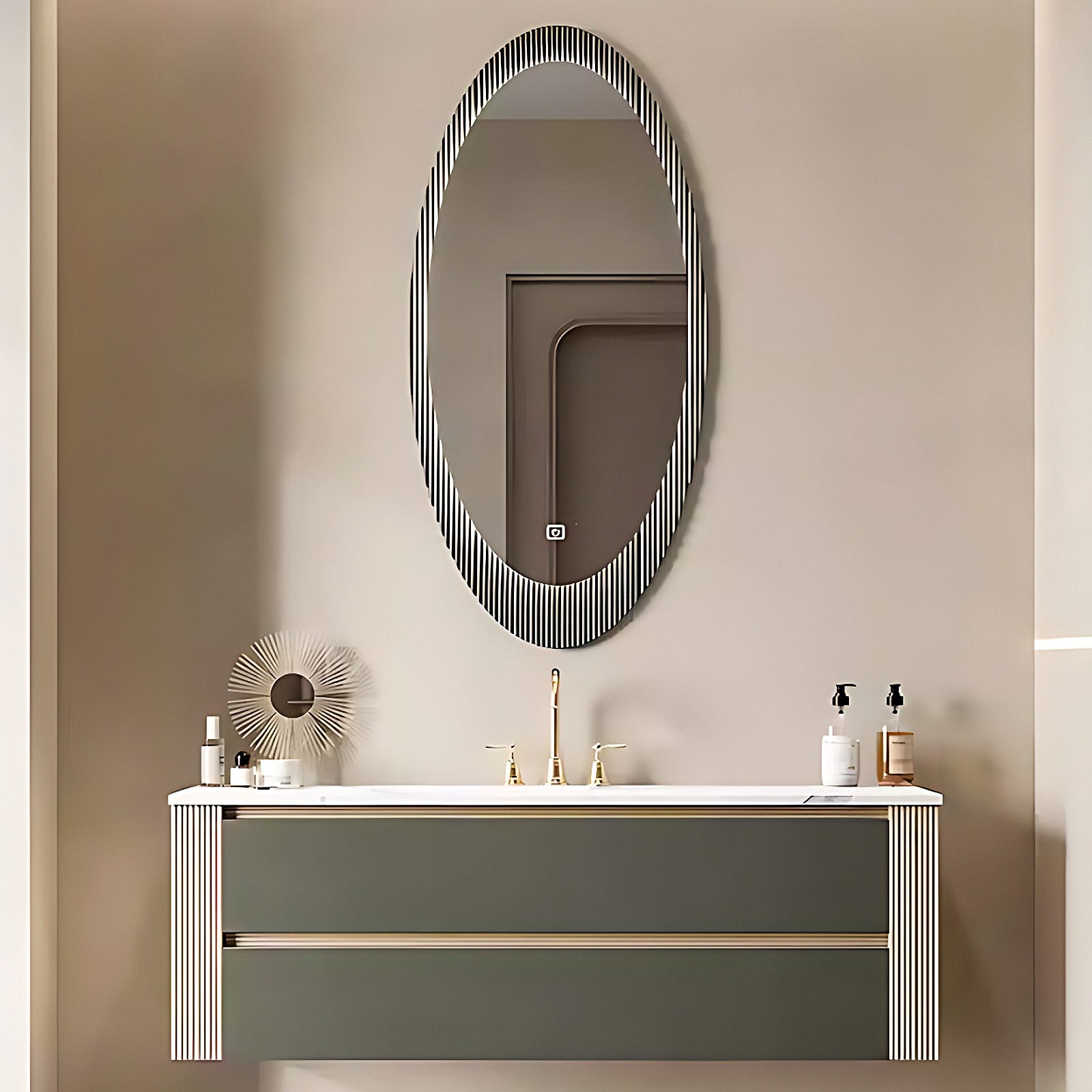 36"- 52" Green Modern Single Sink Bathroom Vanity Set with Oval Mirror