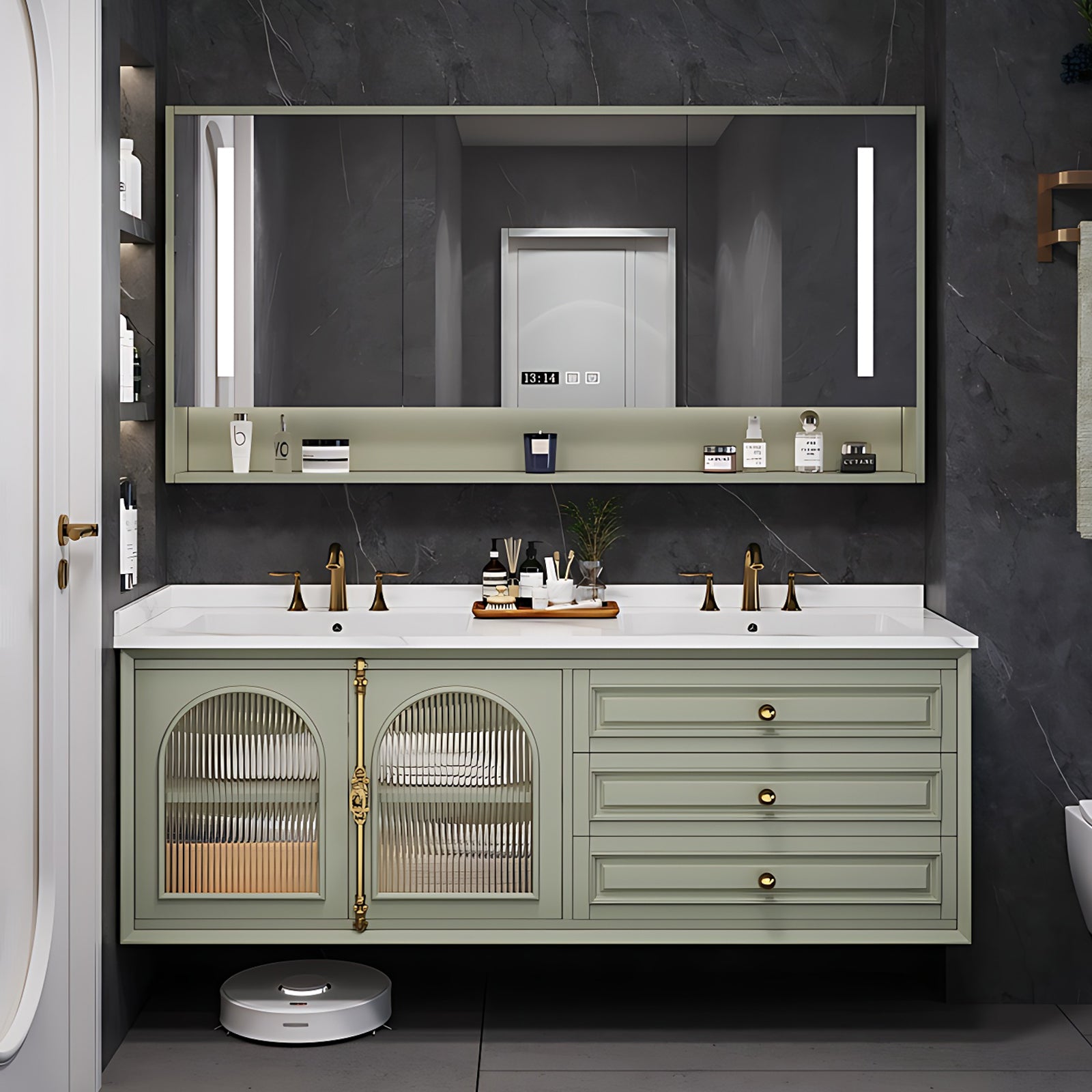 52"- 78" Green Vintage Double Sink Bathroom Vanity Set with Cabinet and Smart Mirror