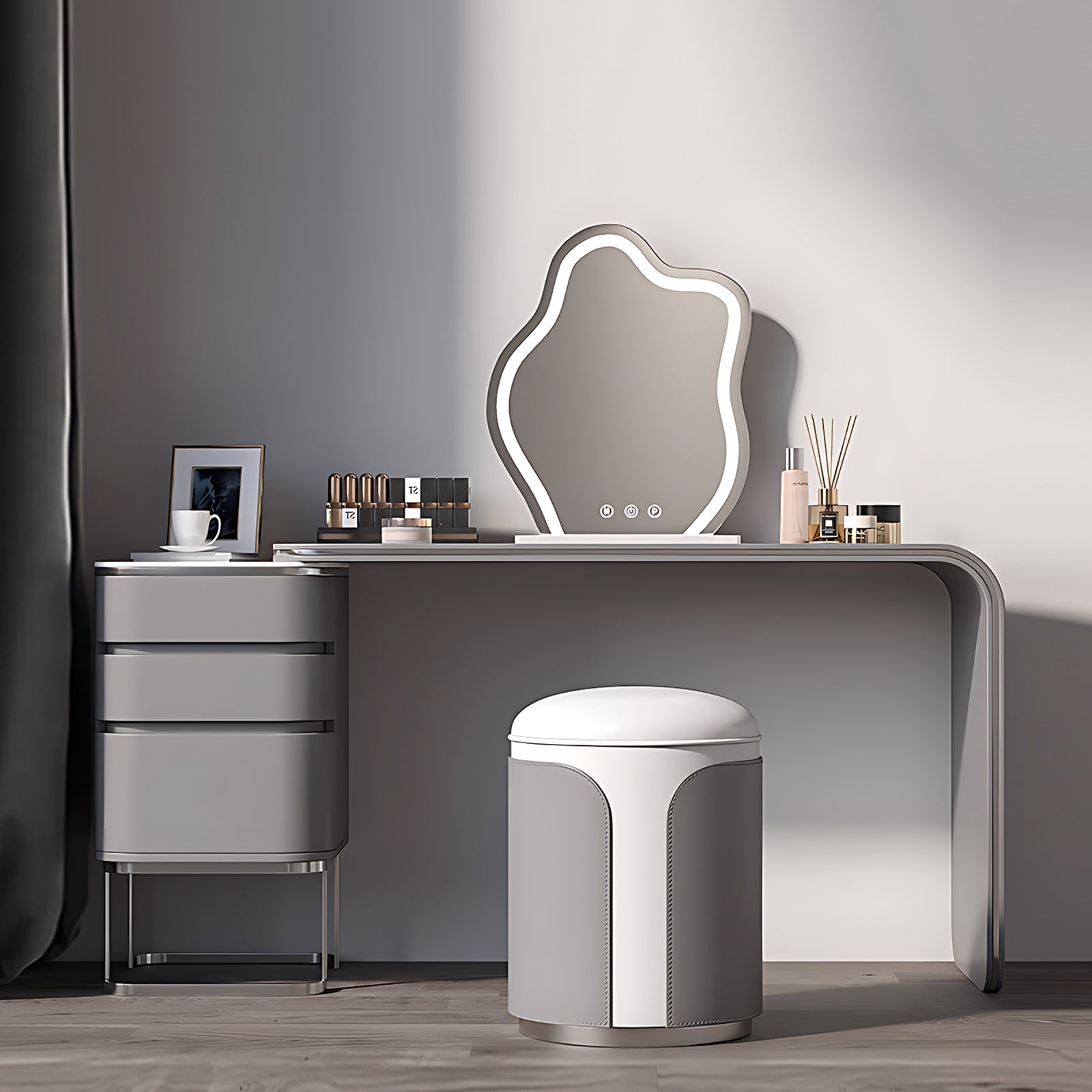 Grey Dressing Table with Irregular LED Mirror & Stool