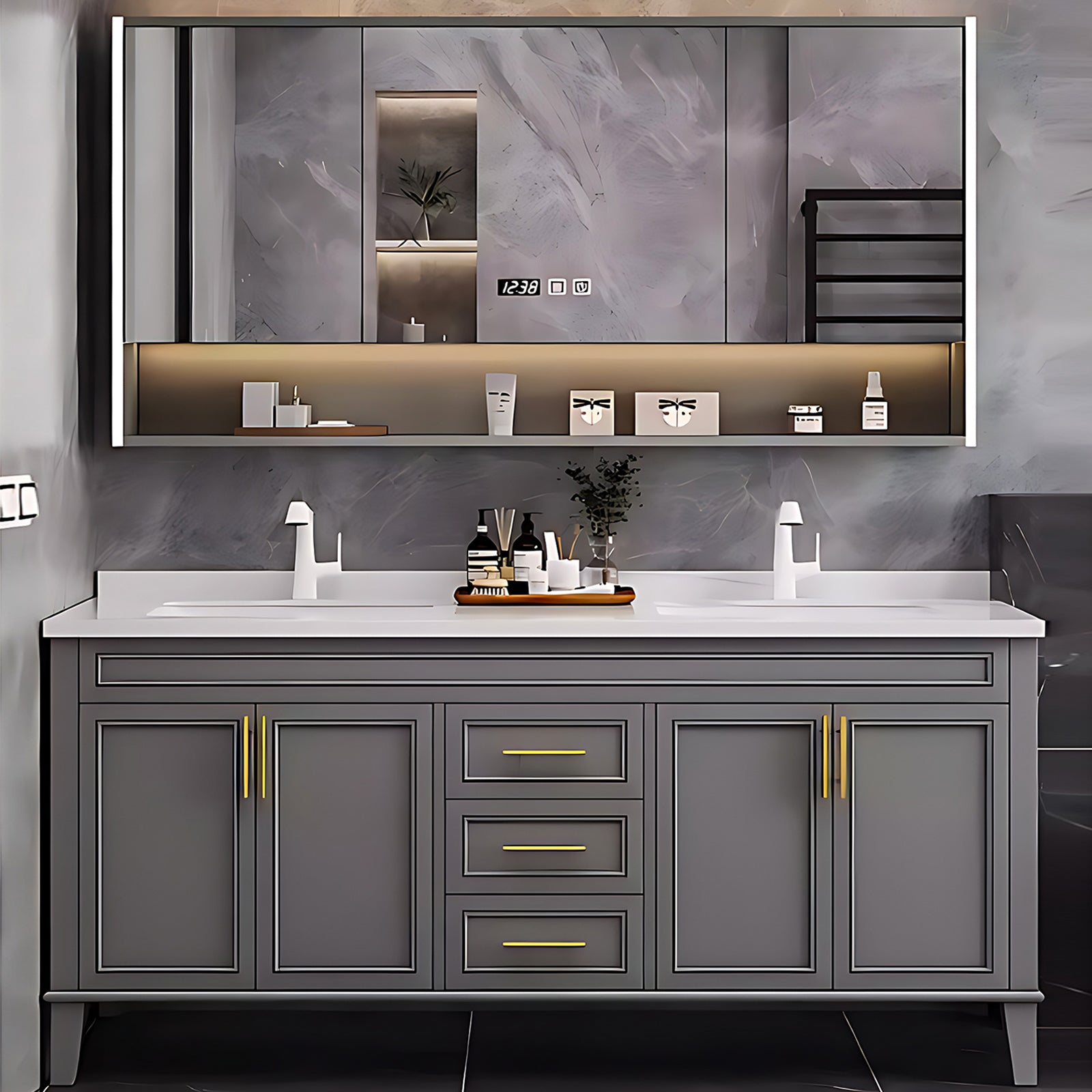 52"- 78" Grey Freestanding Bathroom Vanity Set with Double Sink and Defogging Mirror Cabinet