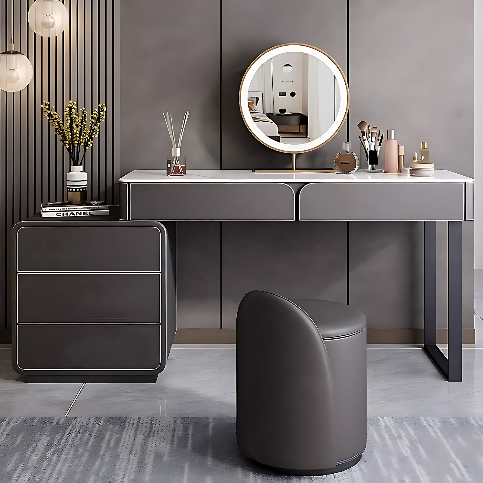 Grey Makeup Vanity Set with 5 Drawers & LED Mirror & Stool