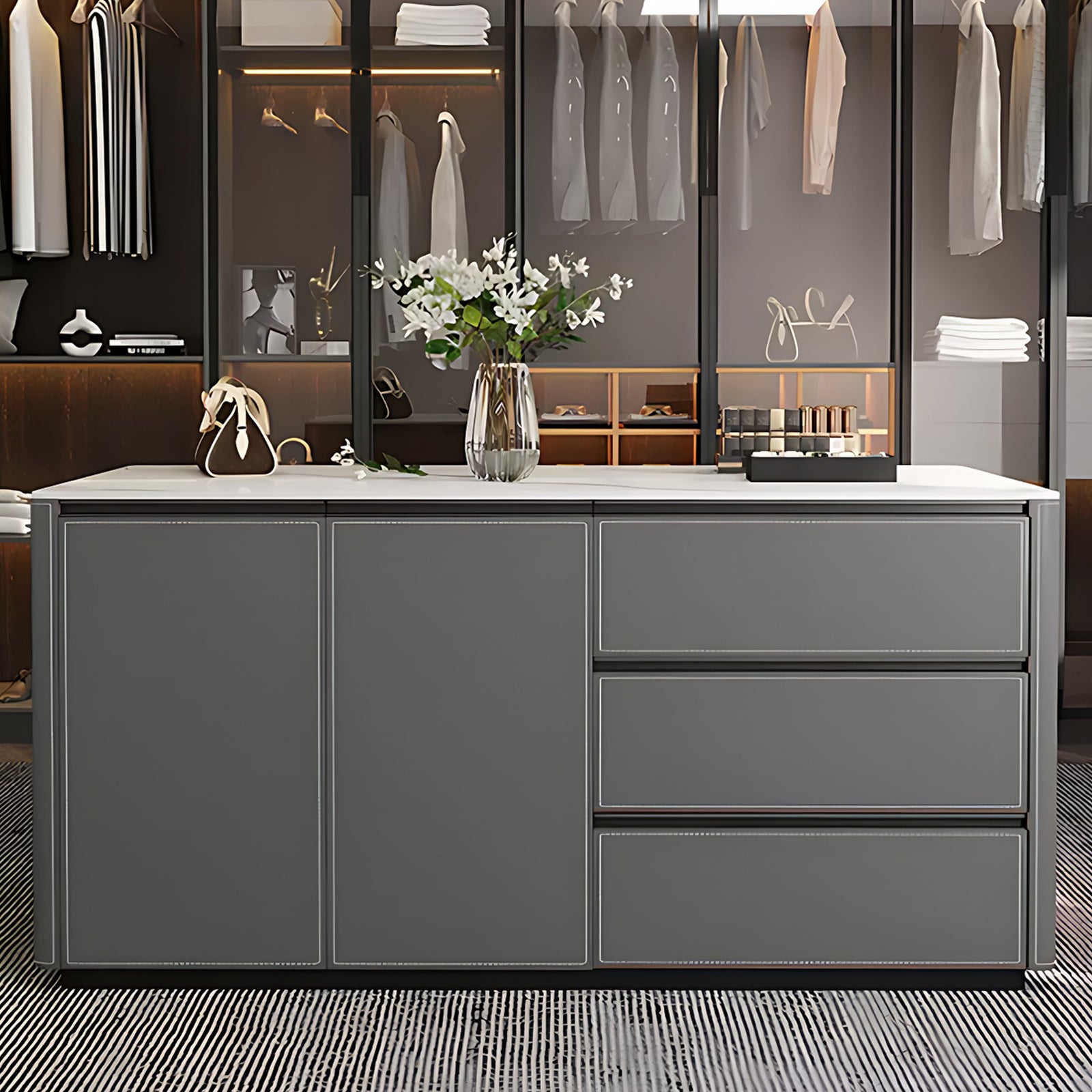 Grey Walk-IN Closet Island with Ceramic Countertop