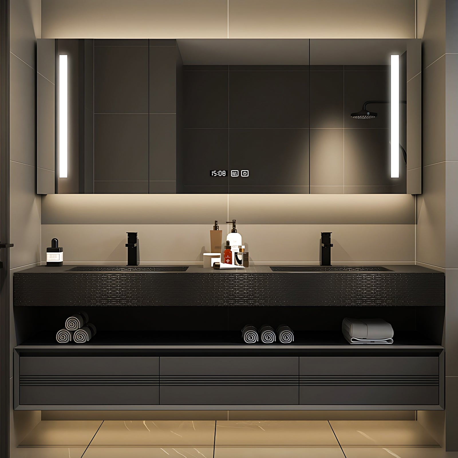 56"- 78" Black Bathroom Vanity Set with Mirror Cabinet And Double Sink&Faucet