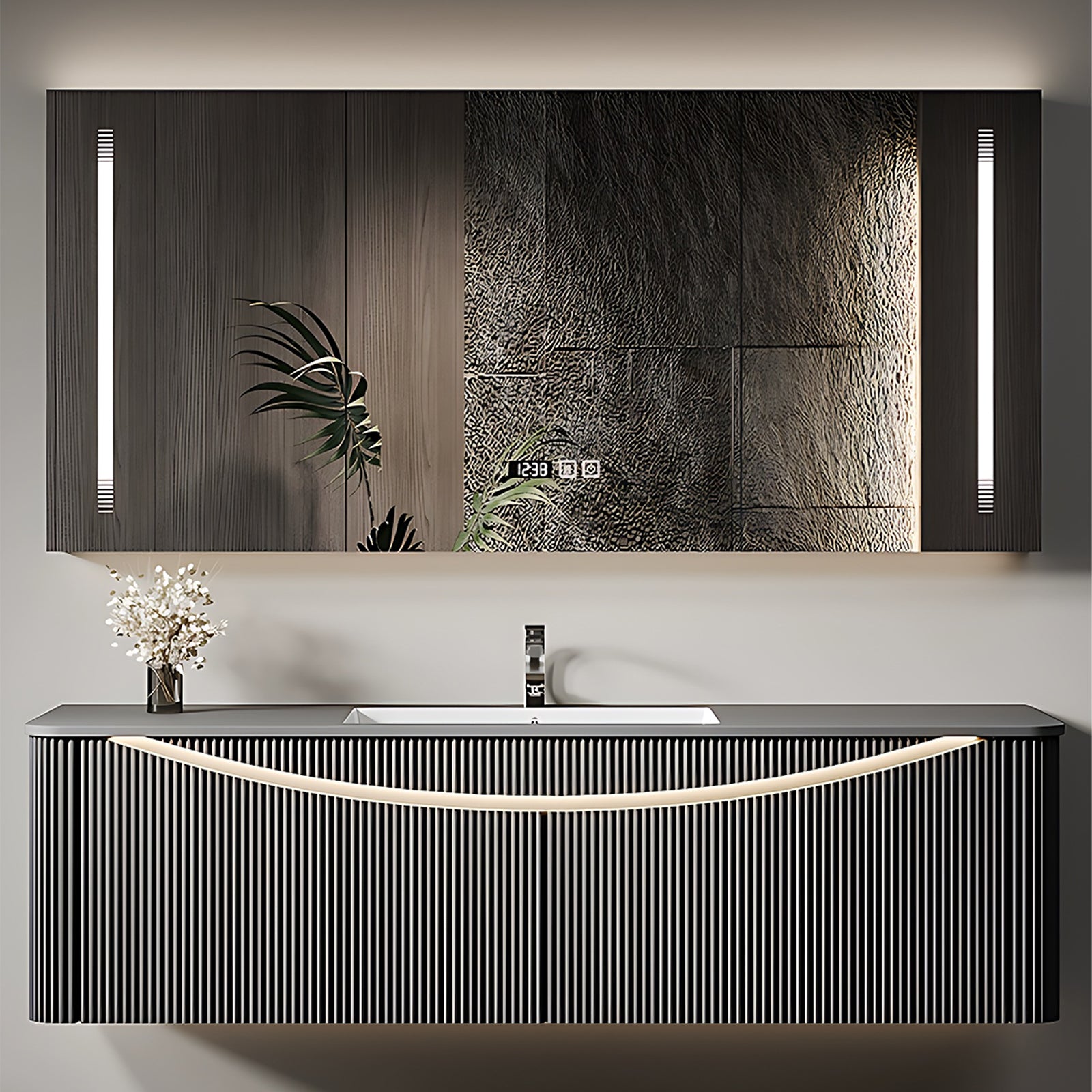 36"- 60" Floating Bath Cabinet Set with Single Sink and Defogged Mirror