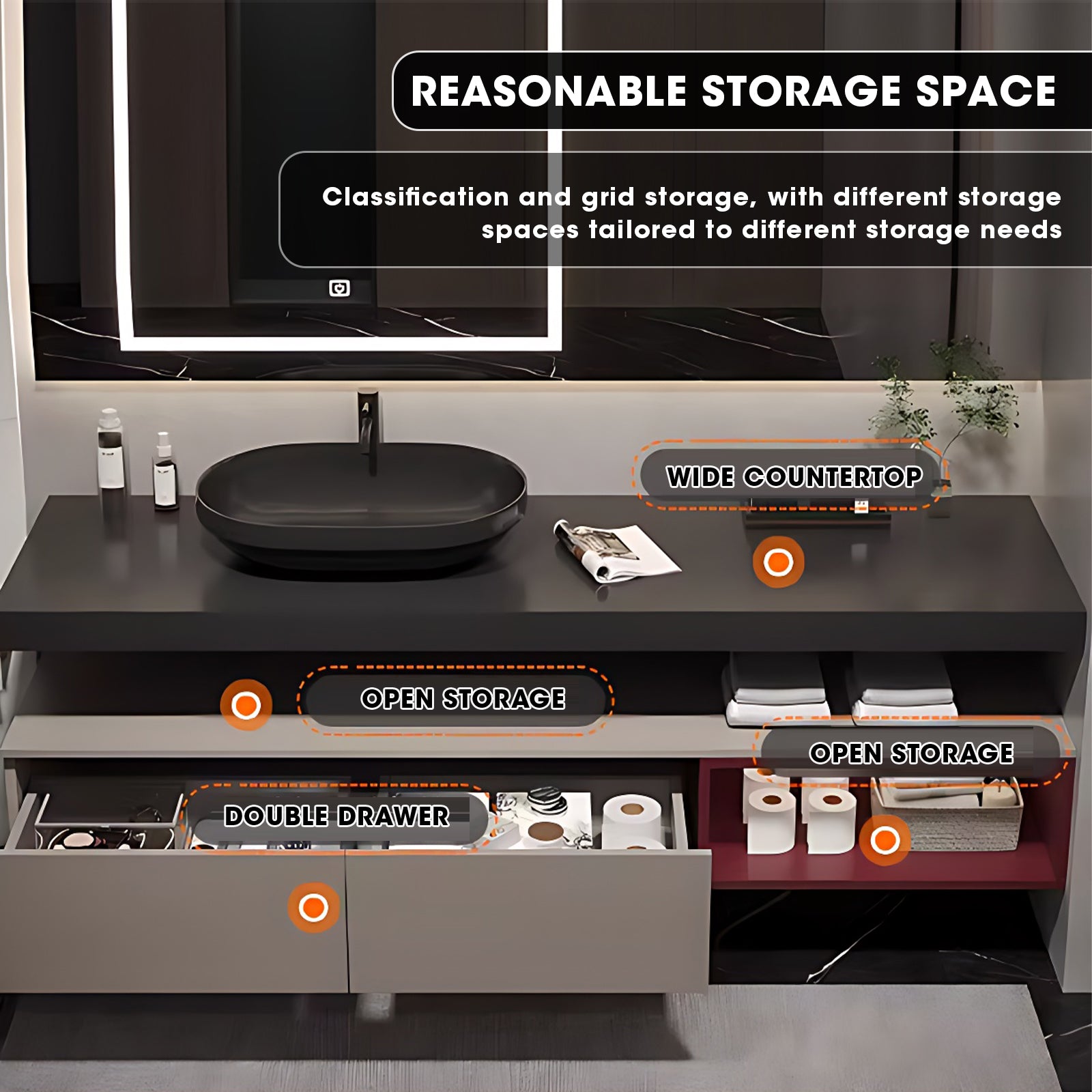 44"- 72" Luxury Bathroom Vanity Set with Single Basin & Open Storage Cabinet & Illuminated Mirror