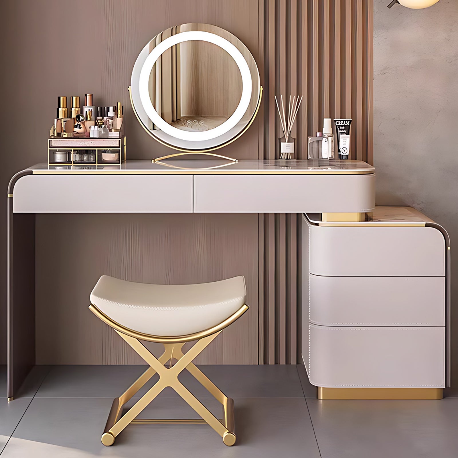 Makeup Vanity Set with LED Circle Mirror & Stool